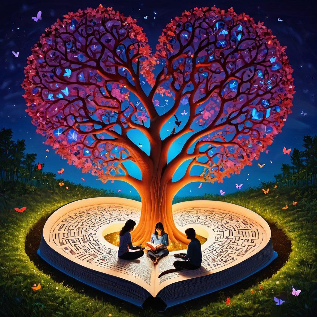 A whimsical illustration depicting a heart-shaped maze representing the blogosphere, filled with vibrant pathways and signposts labeled with love stories and romantic tips. At the center, a cozy couple reading a book together under a glowing tree of love, surrounded by floating hearts and colorful butterflies. The scene is inviting and warm, evoking feelings of romance and connection. vibrant colors. whimsical art. soft focus.