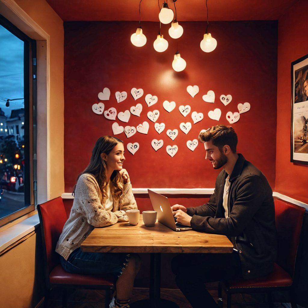 A cozy scene depicting a couple sitting in a cafe, deeply engaged in a conversation, surrounded by floating hearts and romantic symbols, with a laptop showing a blog titled 'From Dating Tips to Love Stories'. The ambiance is warm and inviting, with soft lighting and coffee cups on the table, creating a sense of connection and intimacy. super-realistic. vibrant colors. warm tones.
