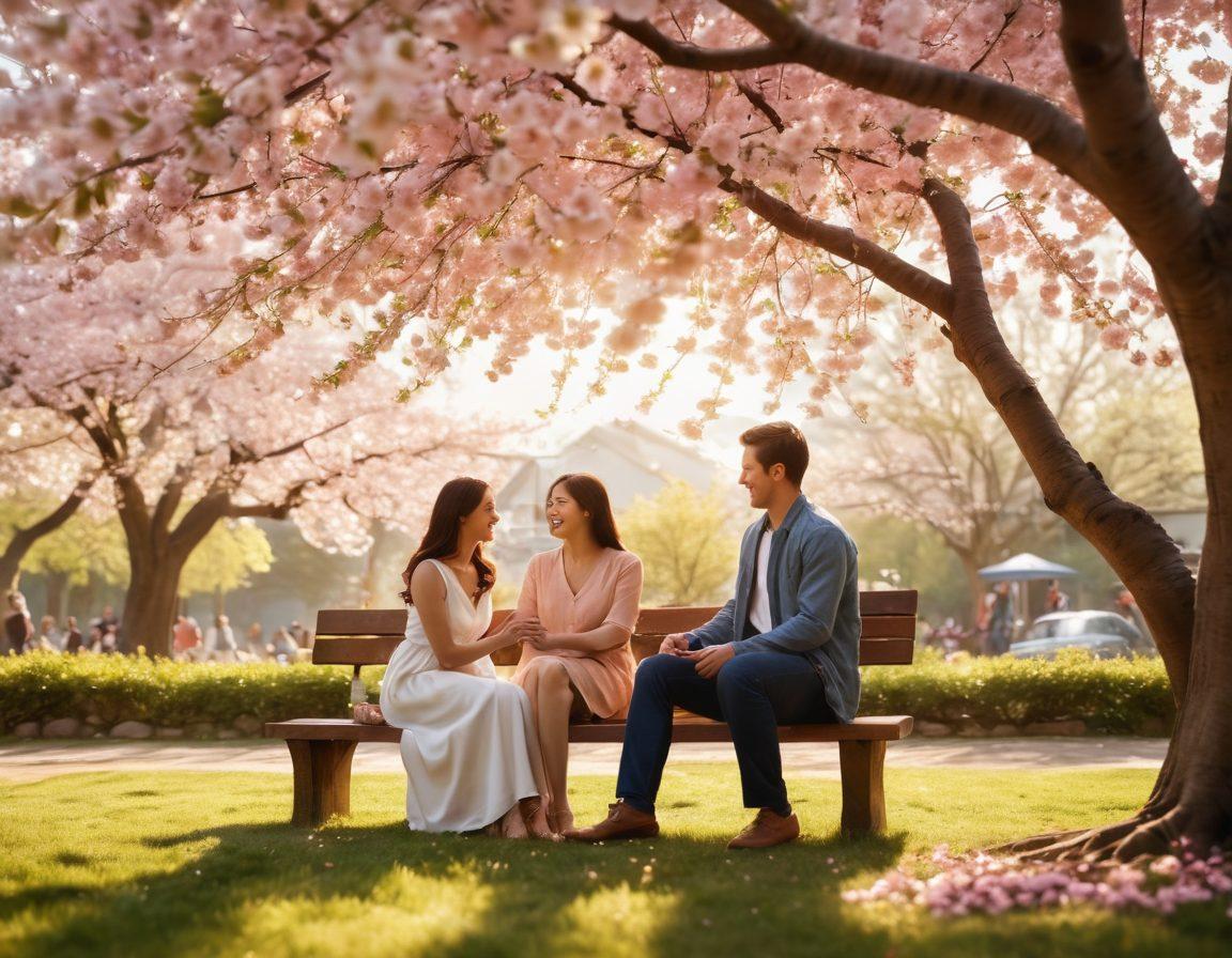 A serene outdoor setting with a couple holding hands under a blooming cherry blossom tree, surrounded by supportive friends cheering them on. The couple is gazing lovingly at each other, while the friends are engaged in playful activities around them. Soft sunlight filters through the branches, casting a warm glow on the scene. The atmosphere conveys romance and community support. super-realistic. vibrant colors. soft focus.